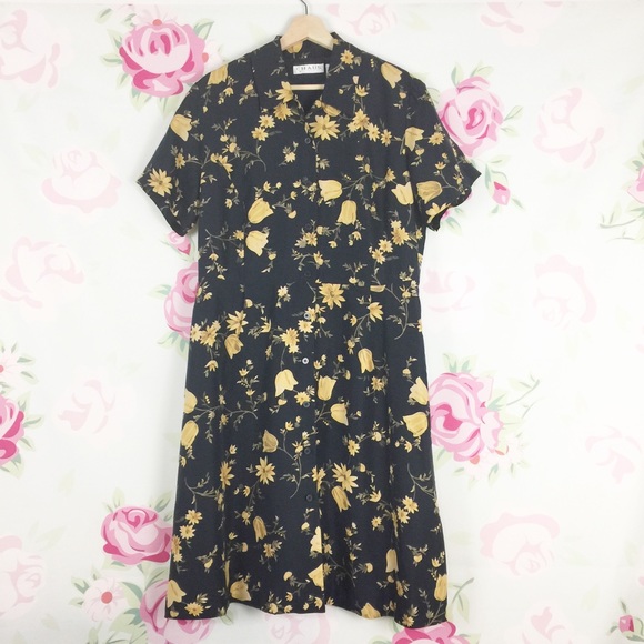 Chaus Dresses & Skirts - NEW Chaus Vintage Silk Floral Dress Black Yellow 14